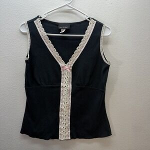 Y2K Bay Studio Tank Top Babydoll Black Lace Whimsigoth Fairy SZ M Coquette Bow